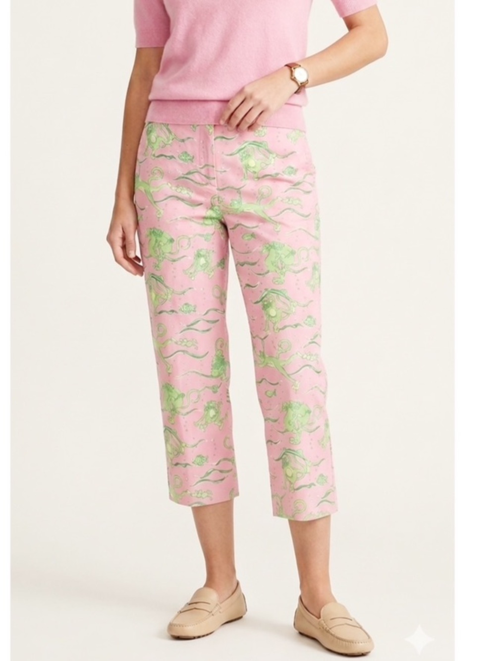 Lilly Pulitzer Vintage Sea Monkey Print Cropped Chino Pants Pink Green Size 4